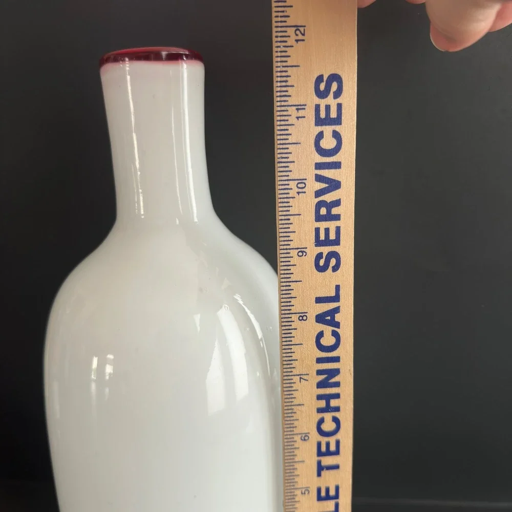 Mid Century Modern Hand Blown White Art Glass Vase Cranberry Red Rim 12